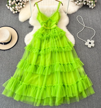 V-neck backless suspender dress waist a-line irregular mesh cake dress holiday long dress R0344