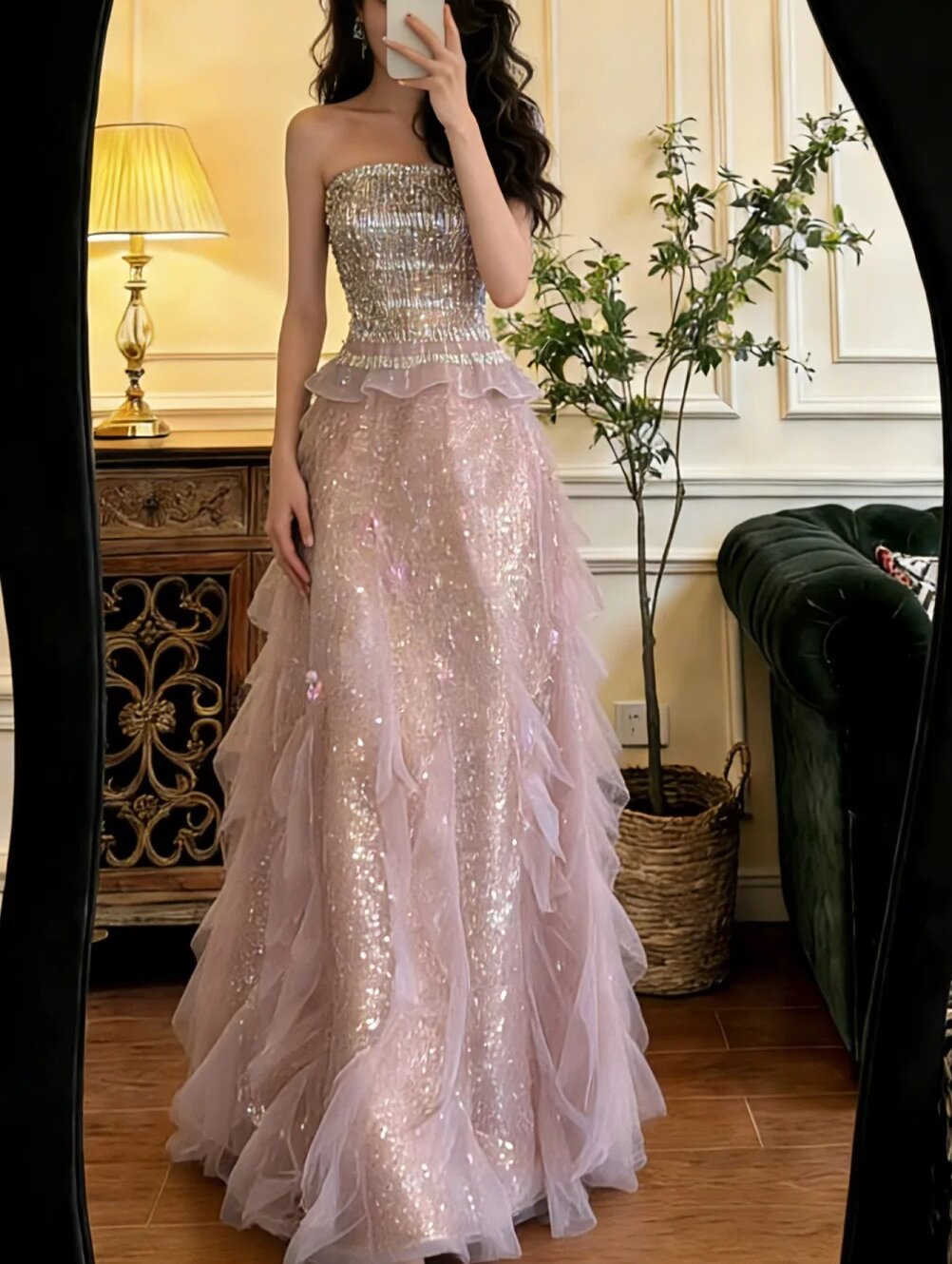 Shiny Prom Dress Strapless Tulle Gala Dress Formal Dress Evening Dress  D4600