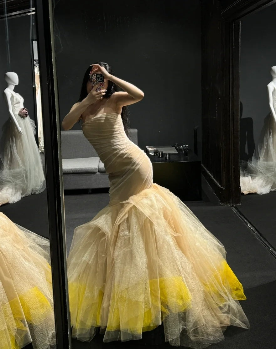 Charming Prom Dress Strapless Pleated Tulle Mermaid Gala Dress Formal Dress Evening Dress  D4611