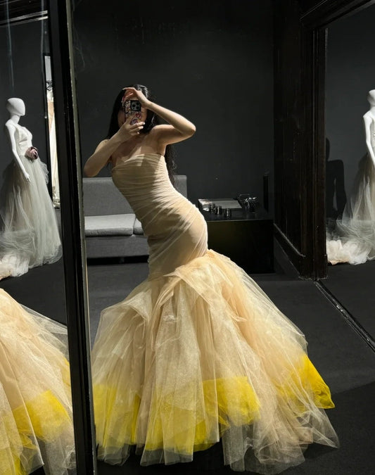 Charming Prom Dress Strapless Pleated Tulle Mermaid Gala Dress Formal Dress Evening Dress  D4611