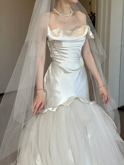 Charming Wedding Dress Strapless Pleated Tulle Mermaid Wedding Dress   D4614