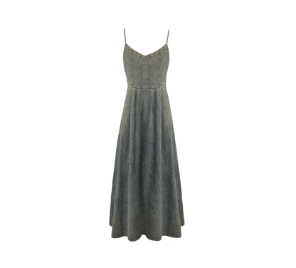 Retro distressed denim suspender dress 2025 new style temperament waist A-line long skirt R0165