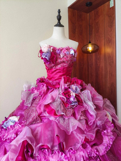 Charming Prom Dress Strapless Pleated Ruffle Evening Dress Quinceanera Dress Ball Gown      D4649