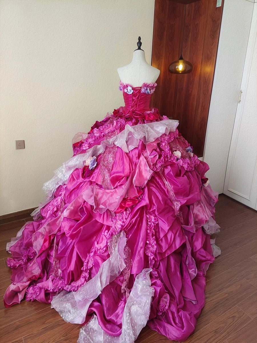 Charming Prom Dress Strapless Pleated Ruffle Evening Dress Quinceanera Dress Ball Gown      D4649