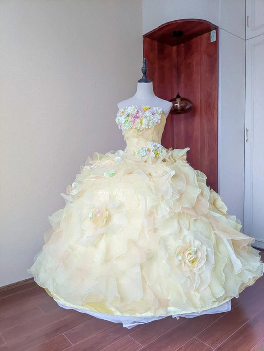 Charming Prom Dress Light Yellow Strapless Floral Ruffle Sweet 16 Dress Quinceanera Dress Ball Gown      D4650