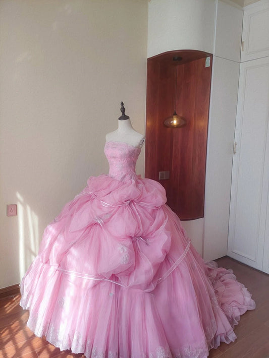 Charming Prom Dress Light Pink Strapless Pleated Tulle Evening Dress Quinceanera Dress Ball Gown      D4653