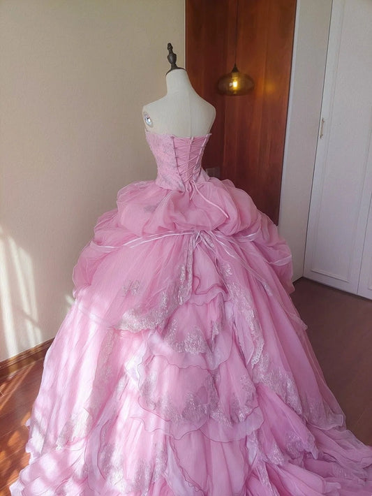 Charming Prom Dress Light Pink Strapless Pleated Tulle Evening Dress Quinceanera Dress Ball Gown      D4653