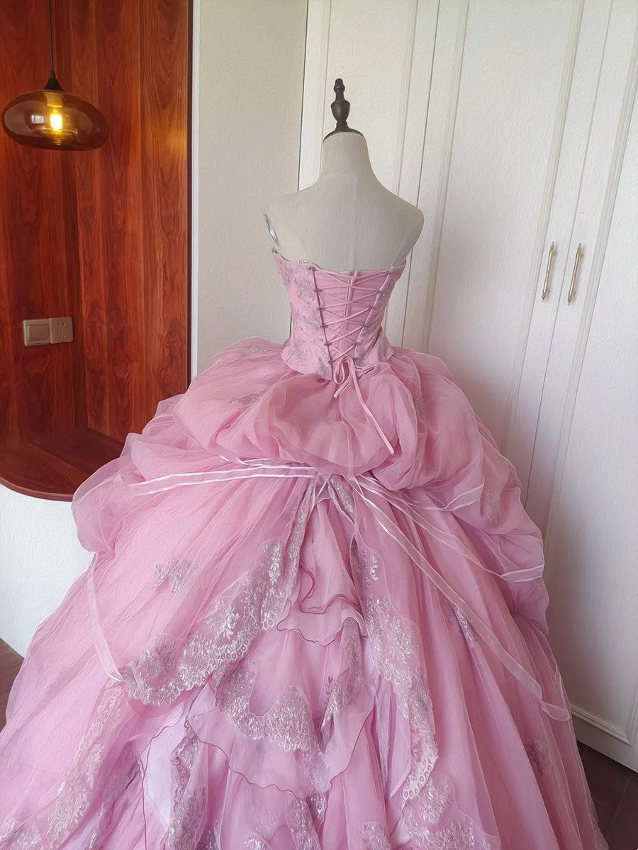 Charming Prom Dress Light Pink Strapless Pleated Tulle Evening Dress Quinceanera Dress Ball Gown      D4653