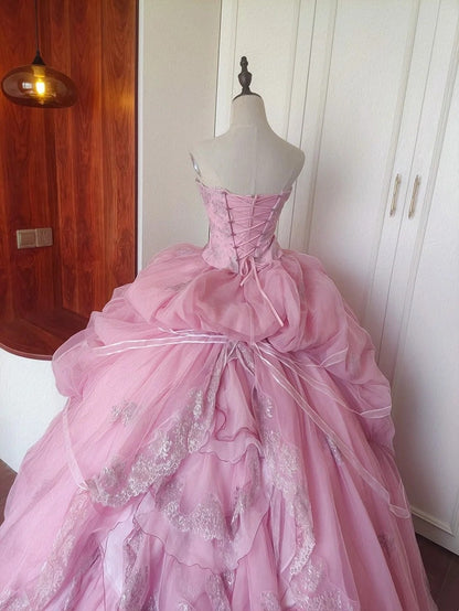 Charming Prom Dress Light Pink Strapless Pleated Tulle Evening Dress Quinceanera Dress Ball Gown      D4653