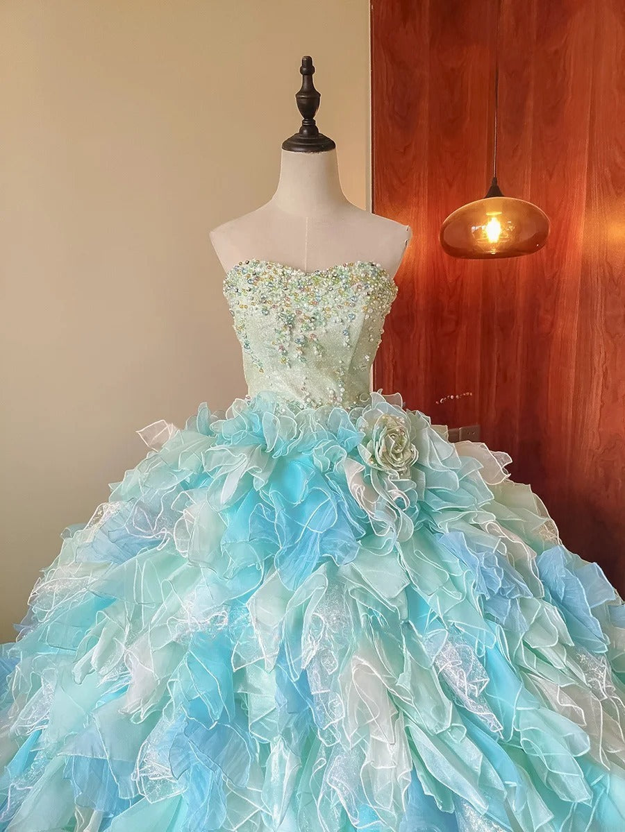 New Arrival Prom Dress Strapless Tulle Tiered Evening Dress Quinceanera Dress Ball Gown      D4655