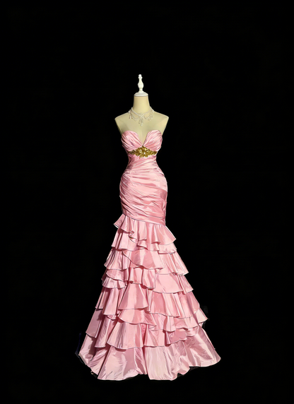 Charming Prom Dress Light Pink Sweetheart Pleated Tiered Mermaid Gala Dress Evening Dresses Birthday Party Dress      D4661