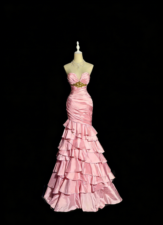 Charming Prom Dress Light Pink Sweetheart Pleated Tiered Mermaid Gala Dress Evening Dresses Birthday Party Dress      D4661