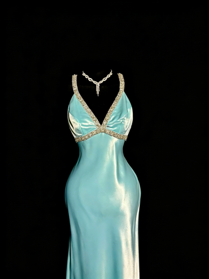 Elegant Prom Dress Satin Light Blue Spaghetti Straps Formal Dress Evening Dresses Wedding Guest Dress      D4665