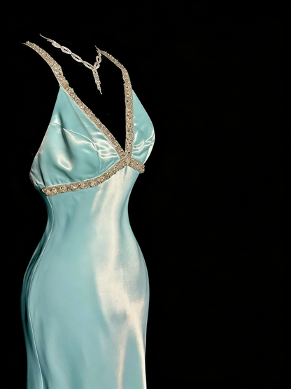 Elegant Prom Dress Satin Light Blue Spaghetti Straps Formal Dress Evening Dresses Wedding Guest Dress      D4665