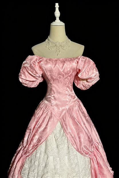 Retro Prom Dress Pink Off Shoulder Pleated Lace Evening Dress Sweet 16 Dress Ball Gown      D4668