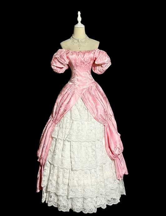 Retro Prom Dress Pink Off Shoulder Pleated Lace Evening Dress Sweet 16 Dress Ball Gown      D4668
