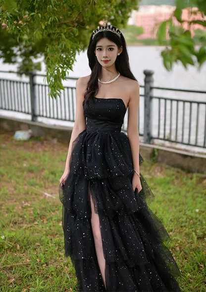 Glitter Black Tulle Layered Long Prom Dress Slit Fairy Ball Gown Party Dress cc1512