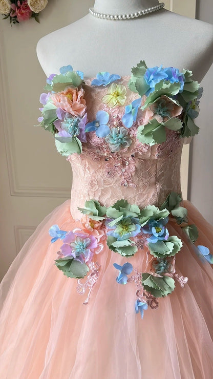 New Arrival Prom Dress Strapless Pleated Floral Tulle Evening Dress Quinceanera Dress Ball Gown      D4678