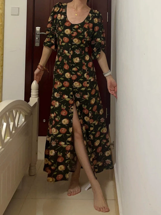 New Arrival Prom Dress Crew Neck Print Floral Formal Dress Evening Dresses Wedding Guest Dress      D4684