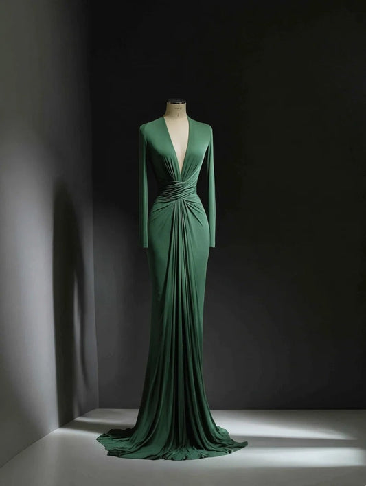 Minimalist Prom Dress Green V-neck Pleated Formal Dress Evening Dresses Wedding Guest Dress      D4691