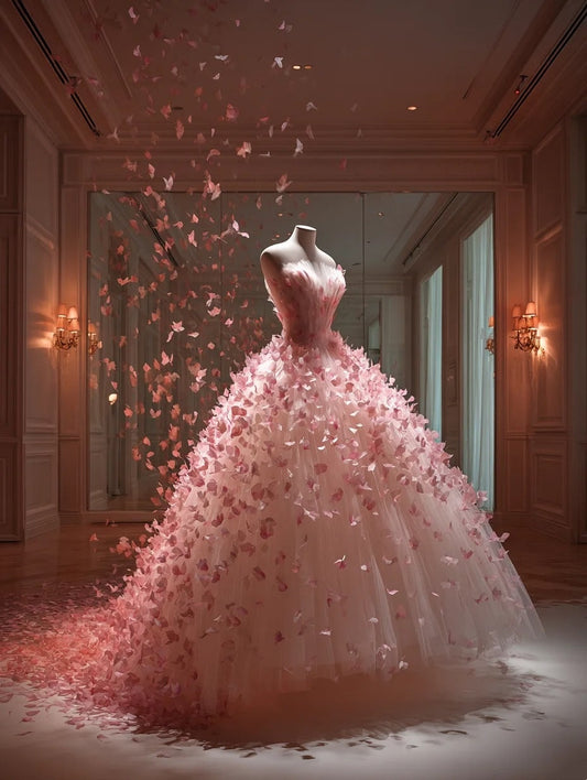 Stunning Ball Gown Strapless Pleated Tulle Floral Evening Dress Quinceanera Dress Prom Dresses      D4692