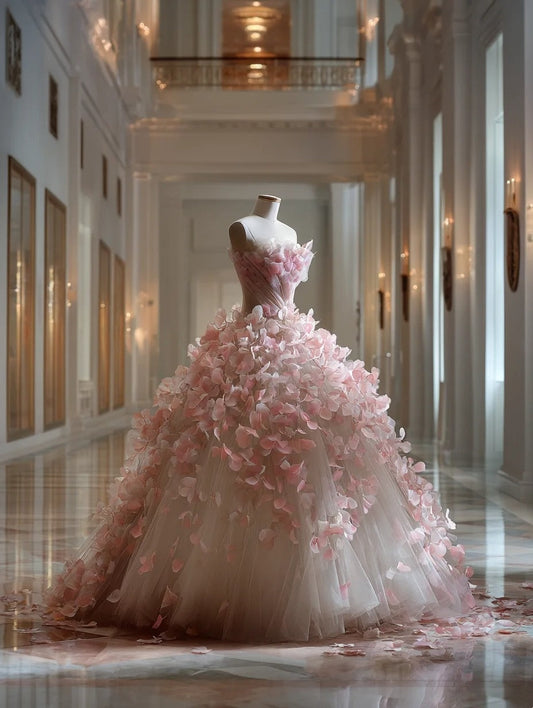 Newest Ball Gown Strapless Floral Pleated Tulle Evening Gown Quinceanera Dress Prom Dresses      D4695