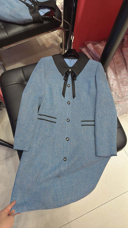 CC Vintage Suit Woolen Bow Neck Dress Blue Wool