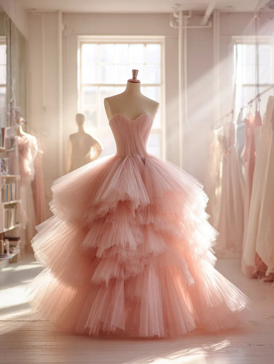 New Design Ball Gown Light Pink Sweetheart Pleated Tulle Evening Gown Quinceanera Dress Prom Dresses      D4699