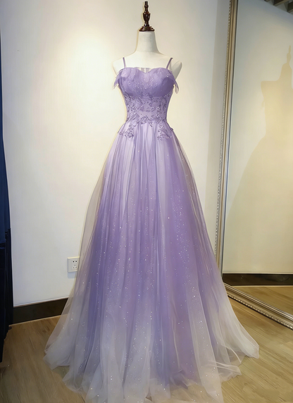 Elegant Ombre Navy Blue Tulle Appliques Straps Long Evening Dress, A-Line Tulle Prom Dresses Y1807