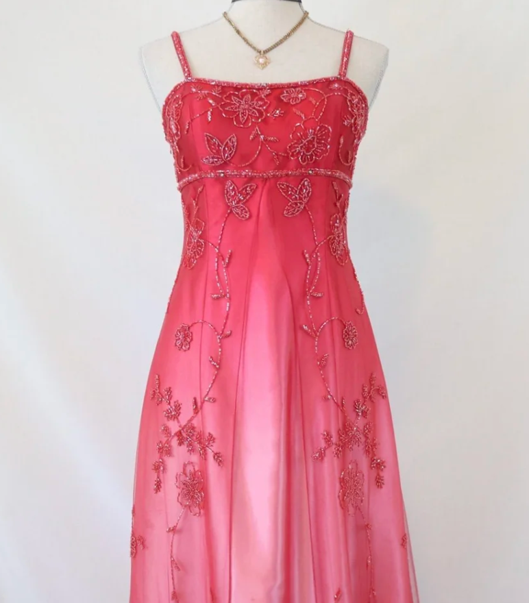 Elegant Spaghetti Straps Ombre Pink Satin Beaded Long Party Dress Formal Evening Dress D1535