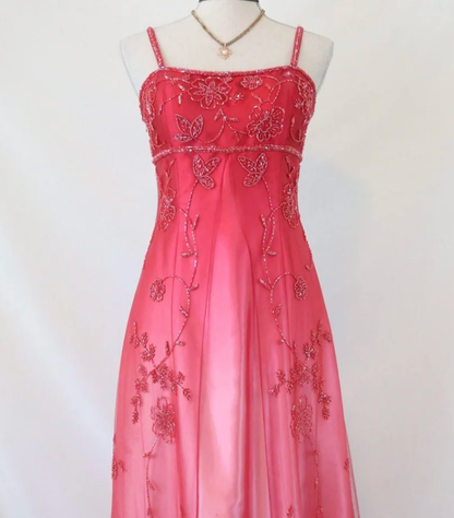 Elegant Spaghetti Straps Ombre Pink Satin Beaded Long Party Dress Formal Evening Dress D1535