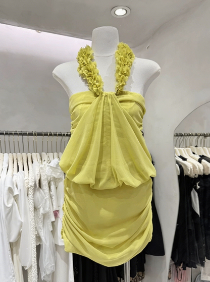 Pretty Homecoming Dress  Halter Pleated Back to School Outfits Party Dress  D6577
