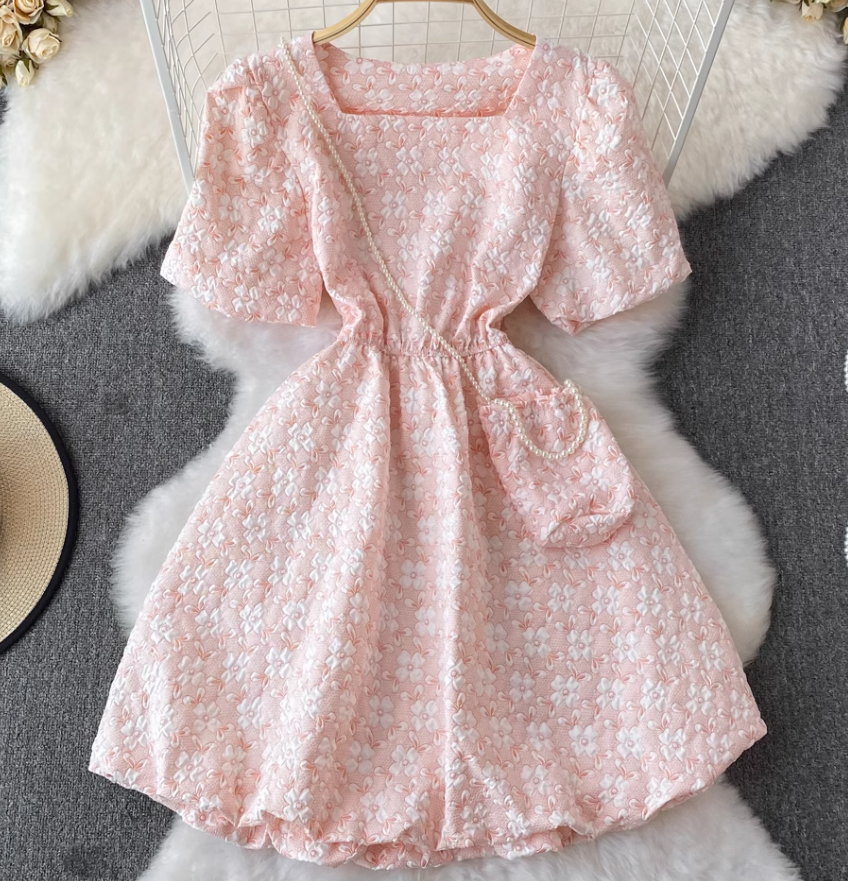 French retro temperament puff sleeve square neck waist slim dress petite short puffy princess dress R0354