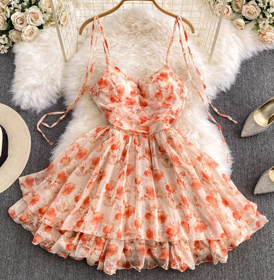 Pure and sweet chiffon lace with built-in chest pad orange sleeveless pullover A-line suspender dress R0364