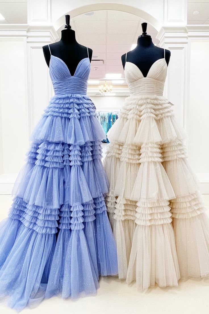 V Neck Layers Tulle Long Ball Gown A Line Spaghetti Strap Evening Dresses