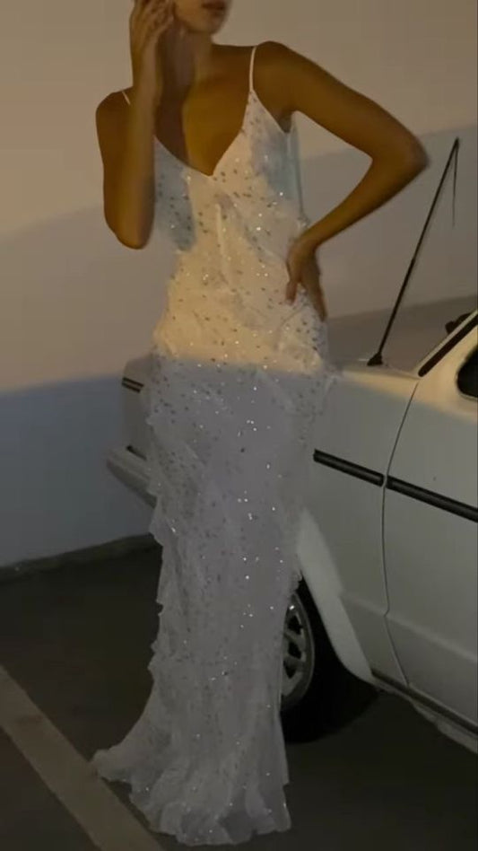 Modest V Neckline White Long Prom Dresses Evening Gown