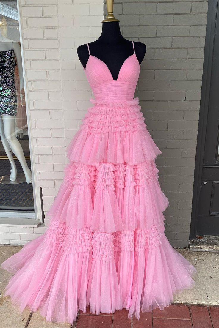 V Neck Layers Tulle Long Ball Gown A Line Spaghetti Strap Evening Dresses