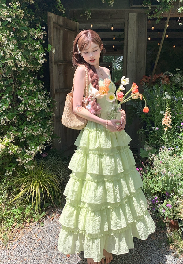 Green v-neck ruffled waist Tencel suspender dress women's summer French forest style skirt R4617