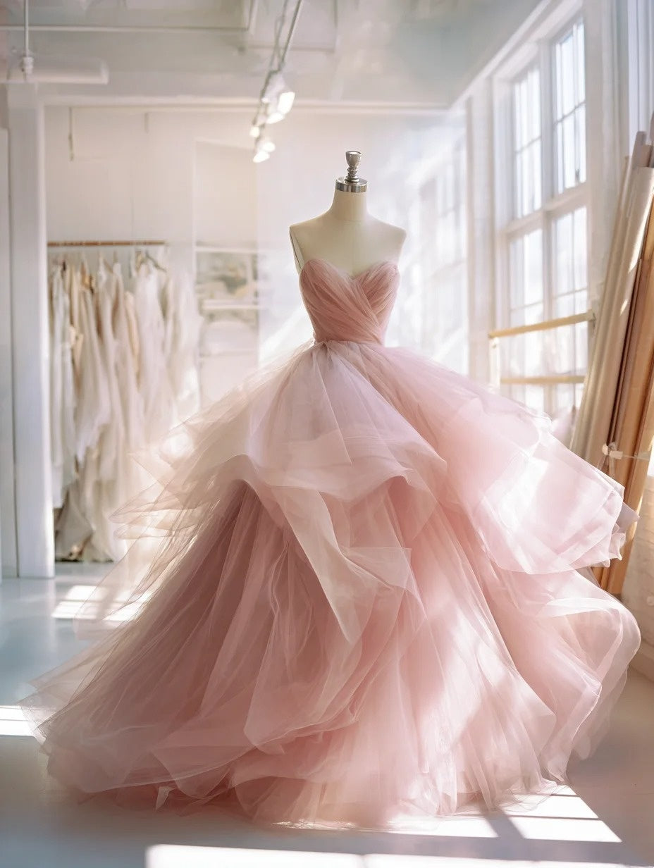 New Arrival Ball Gown Light Pink Sweetheart Pleated Tulle Prom Dresses Evening Gown Quinceanera Dress       D4701