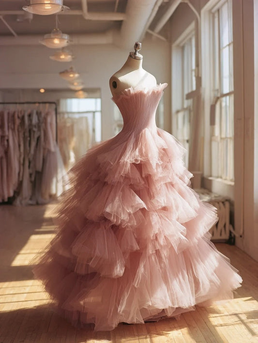 Chic Ball Gown Light Pink Strapless Pleated Tulle Tiered Prom Dresses Evening Gown Sweet 16 Dress       D4702