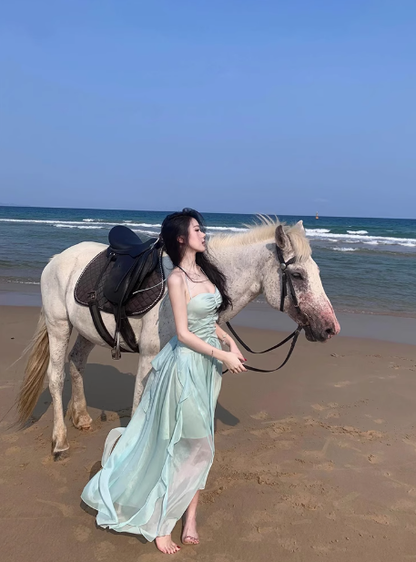 French fairy style blue halter neck suspender dress seaside super fairy pure backless long dress R0250