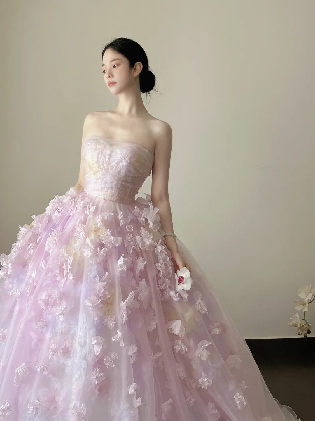Charming Ball Gown Lialc Strapless Pleated Tulle Floral Prom Dresses Evening Gala Gown Quinceanera Dress       D4717