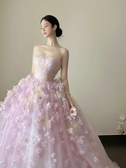 Charming Ball Gown Lialc Strapless Pleated Tulle Floral Prom Dresses Evening Gala Gown Quinceanera Dress       D4717