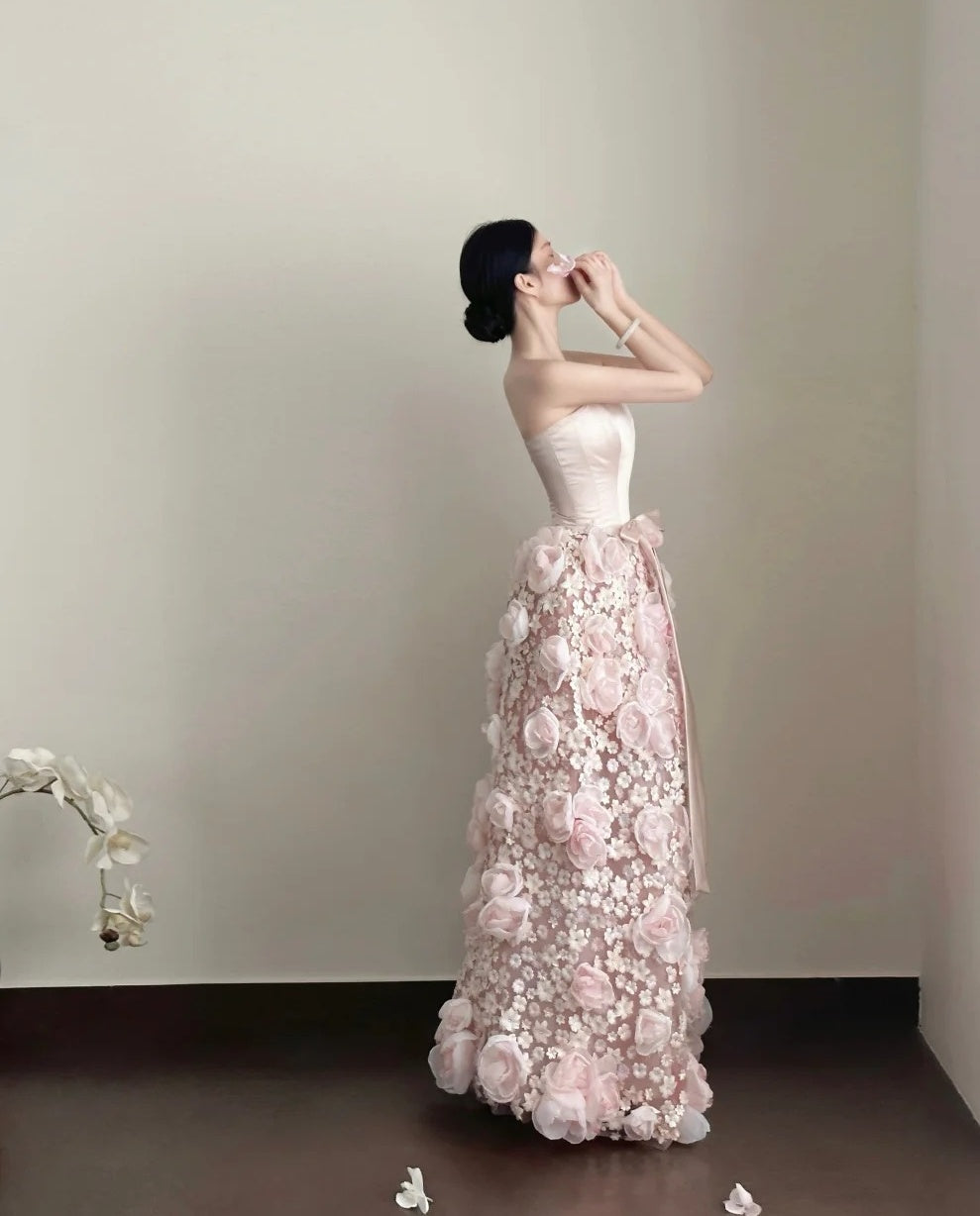 Pretty Prom Dress Strapless Pleated Floral Formal Dresses Gala Gown Evening Dress  D4718