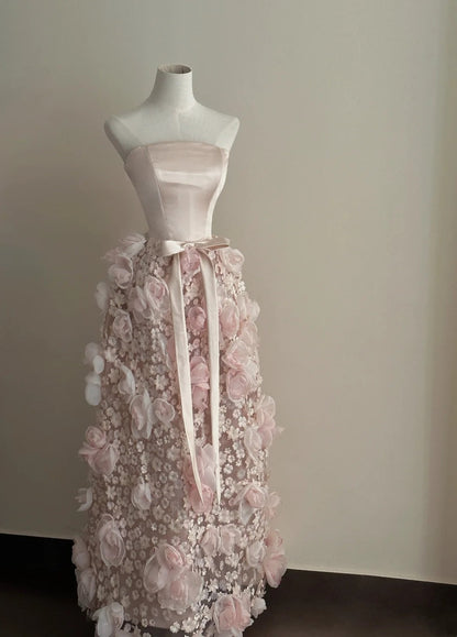 Pretty Prom Dress Strapless Pleated Floral Formal Dresses Gala Gown Evening Dress  D4718