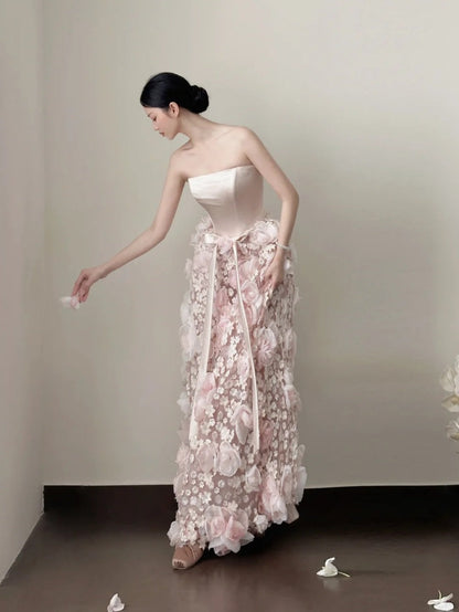 Pretty Prom Dress Strapless Pleated Floral Formal Dresses Gala Gown Evening Dress  D4718