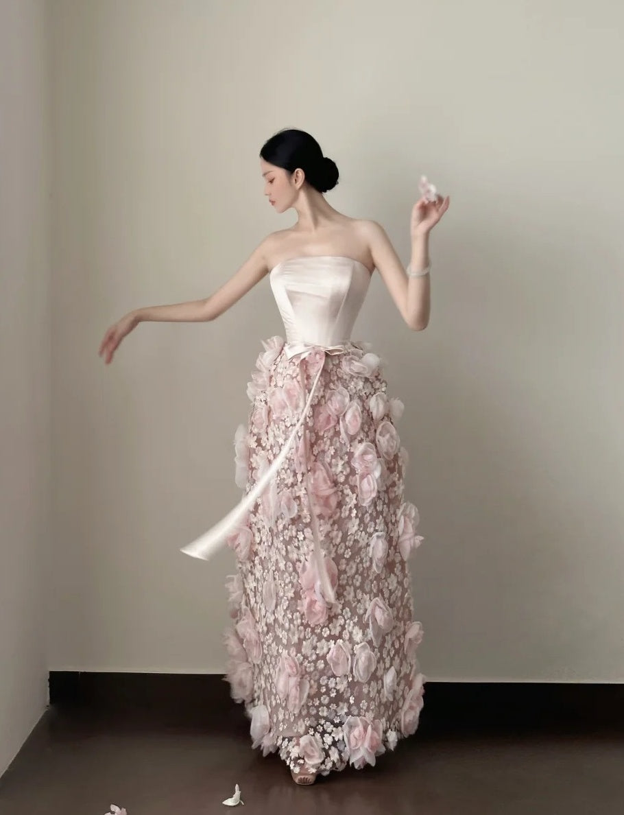 Pretty Prom Dress Strapless Pleated Floral Formal Dresses Gala Gown Evening Dress  D4718