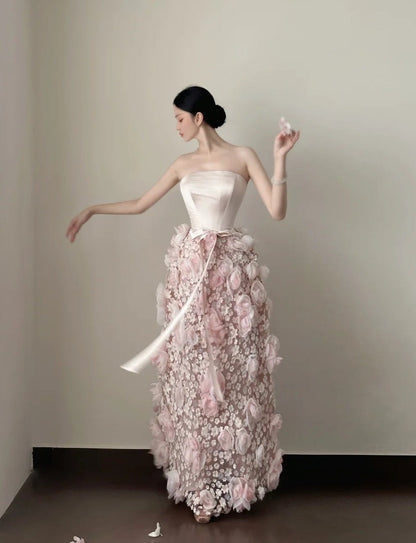 Pretty Prom Dress Strapless Pleated Floral Formal Dresses Gala Gown Evening Dress  D4718