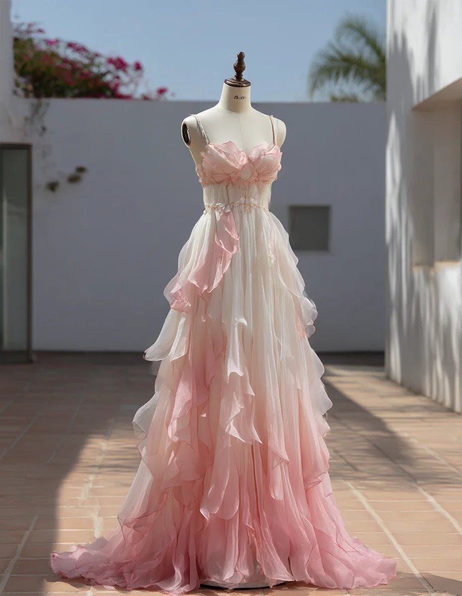 Pretty Prom Dress Ombre Spaghetti Straps Pleated Ruffle Formal Dresses Evening Dresses Gala Gown D4730