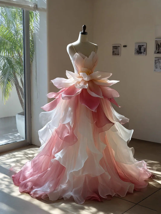Chic Ball Gown Obmre Spaghetti Straps Pleated Ruffle Prom Dresses Evening Gala Gown Quinceanera Dress       D4736